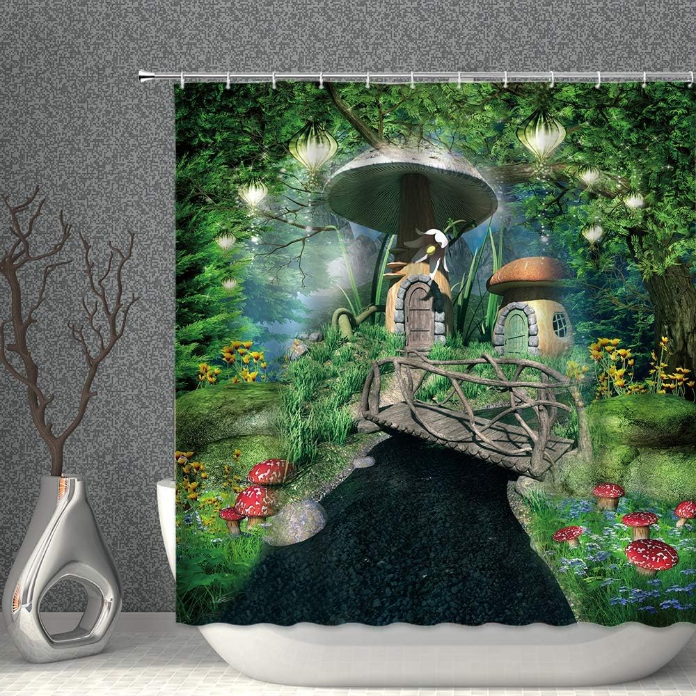 Jszna Fantasy Forest Decor Shower Curtain Fairy Mushroom Cottage Wood Bridge Wild Flowers Spring Nature Green Fabric Polyester Bathroom Curtains with Hooks 80x70 Inch