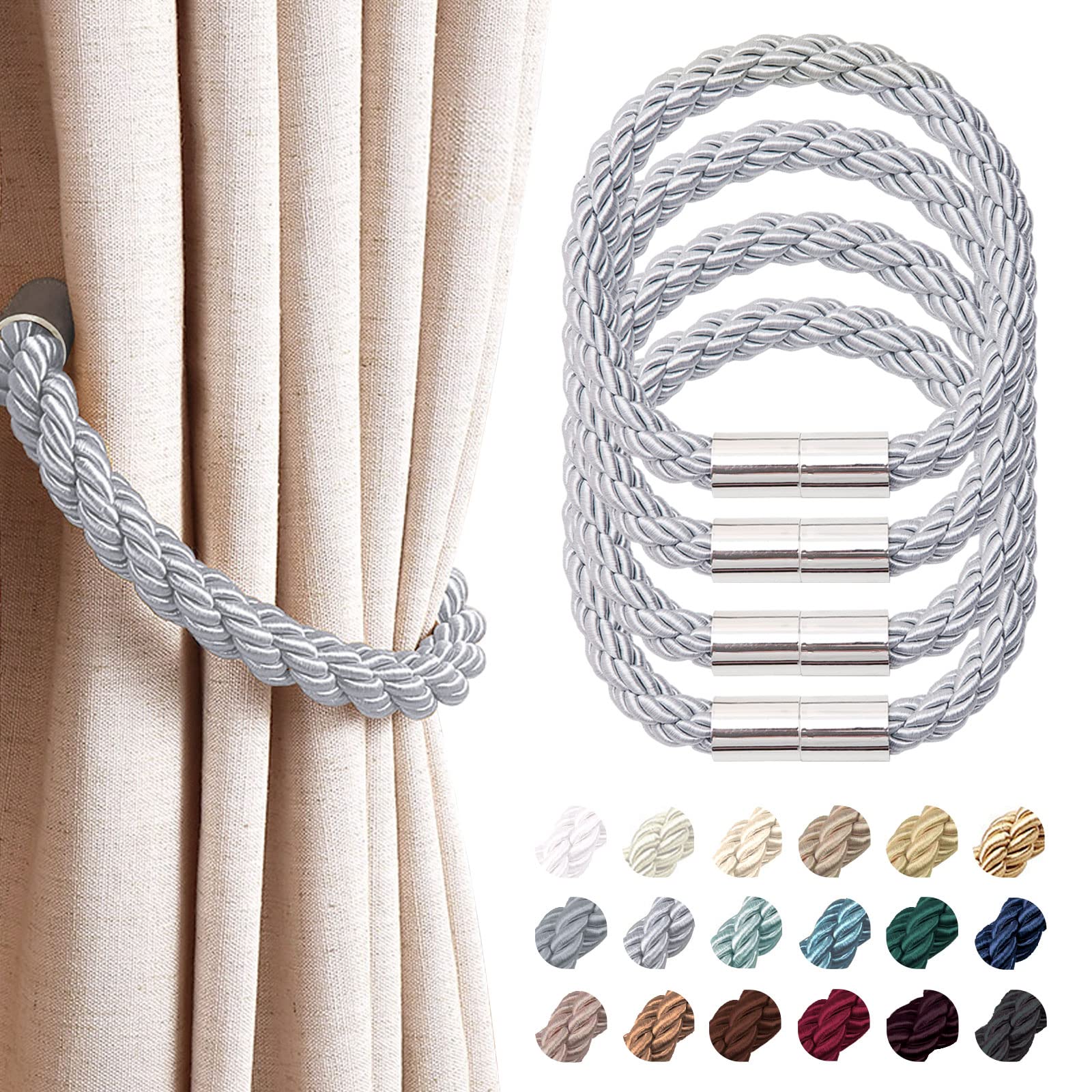 Pretty Jolly 4 Pack Strong Magnetic Curtain Tiebacks Modern Simple Style Drape Tie Backs Convenient Decorative Weave Rope Curtain Holdback for Thin or Thick Home & Office Window Drapery (Light Grey)