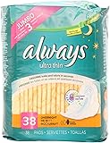 Always Ultra Thin Overnight Feminine Pads with Wings, Unscented, 38 Count