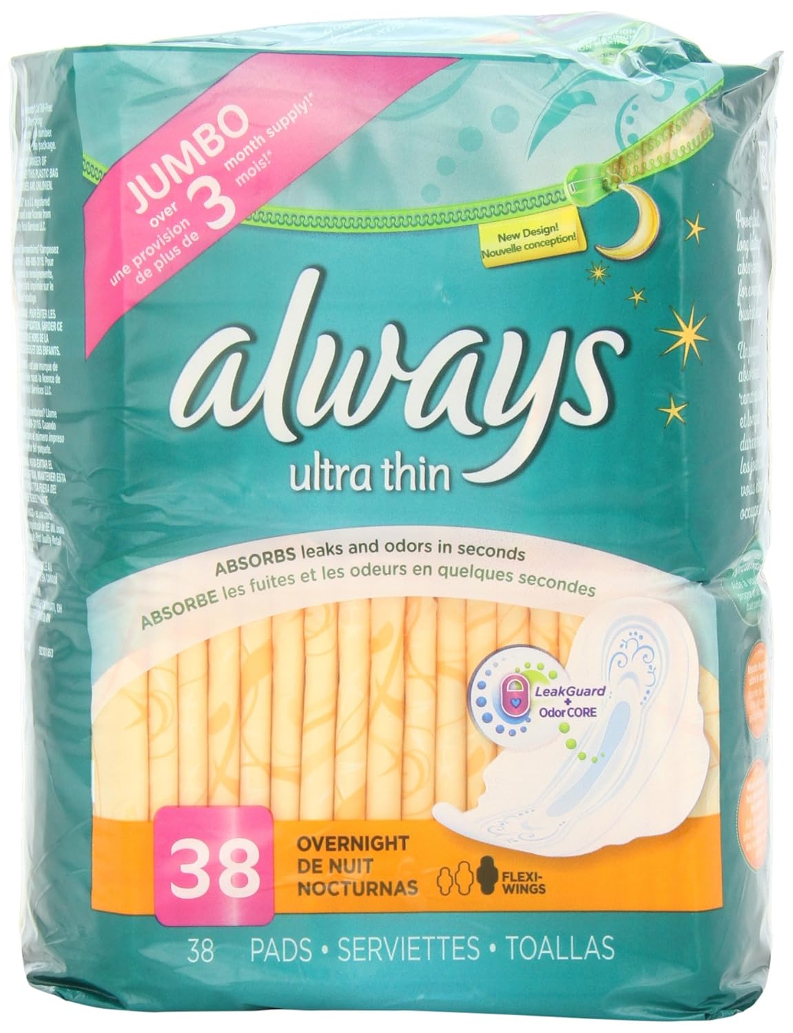 Always Ultra Thin Overnight Feminine Pads with Wings, Unscented, 38 Count Health