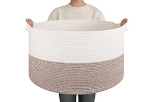 OIAHOMY 90L XXLarge Blanket Basket, Cotton Rope Laundry Basket, 21.7" x 21.7" x 13.8", Storage Toys, clothes,White and Linen 