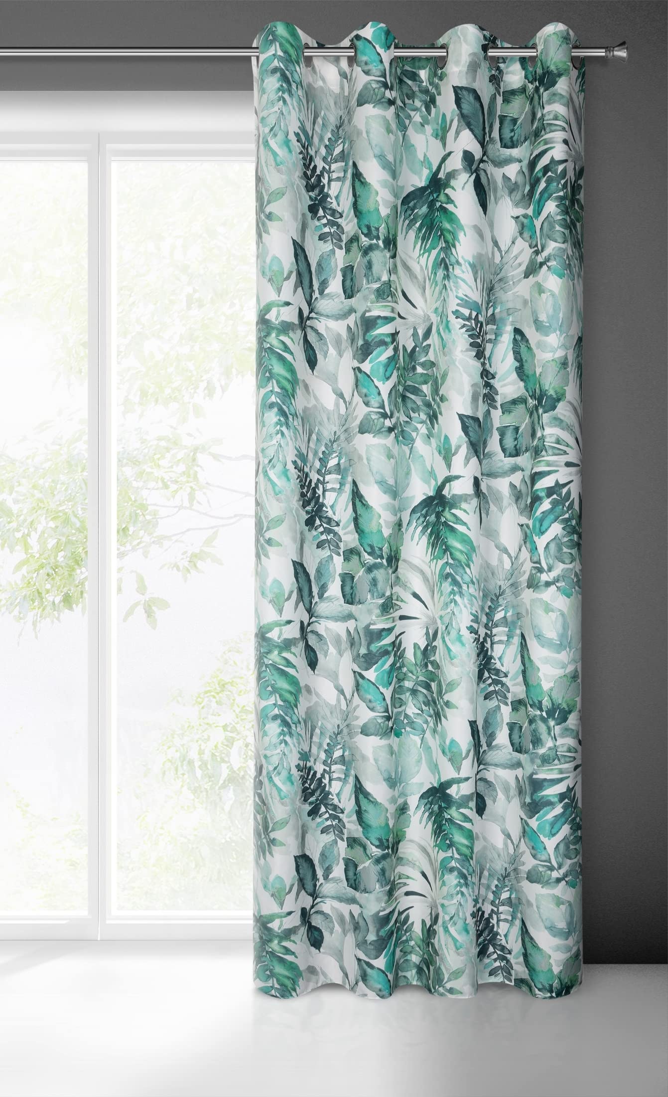 Eurofirany Adeline Botanical Leaves Pattern with Eyelets Microfibre Curtain 1 Piece Modern, Elegant, for Bedroom, Living Room, Children's Room, 140 x 250 cm, White and Green