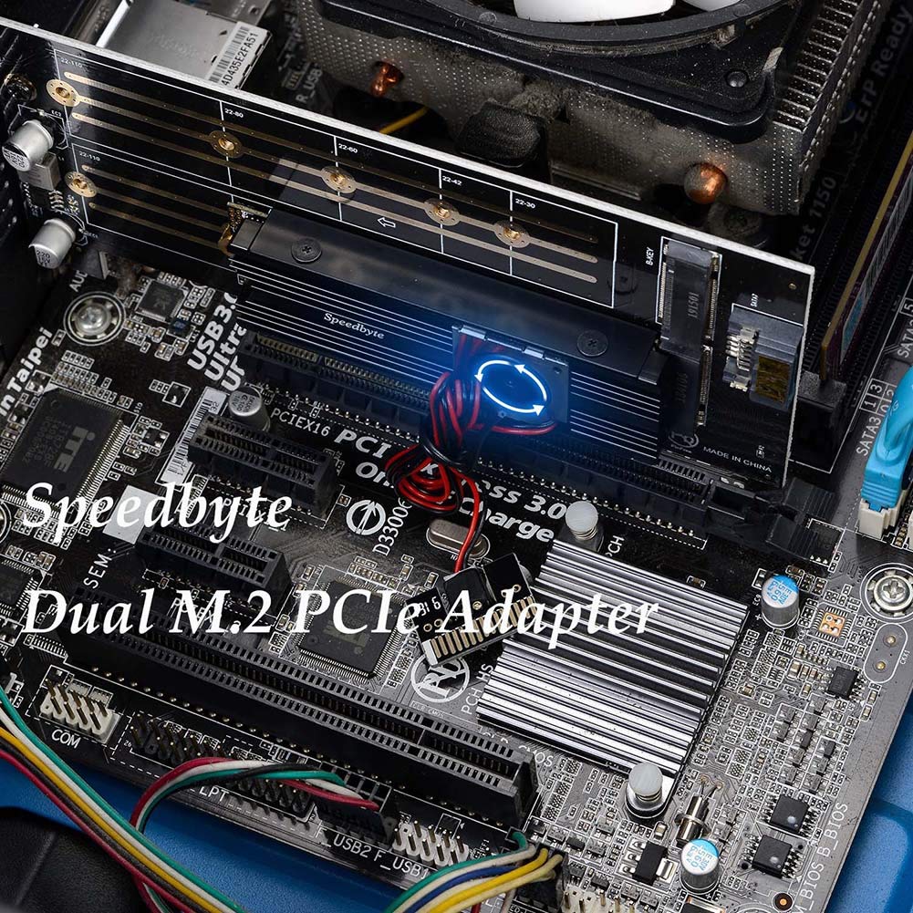 Dual M.2 PCIe Adapter, M.2 NVME SSD (M Key) or M.2 SATA SSD (B Key) 22110 2280 2260 2242 2230 to PCI-e 3.0 x4 Host Controller Expansion Card with SSD Fan Cooler Heatsink for PC Desktop,Black