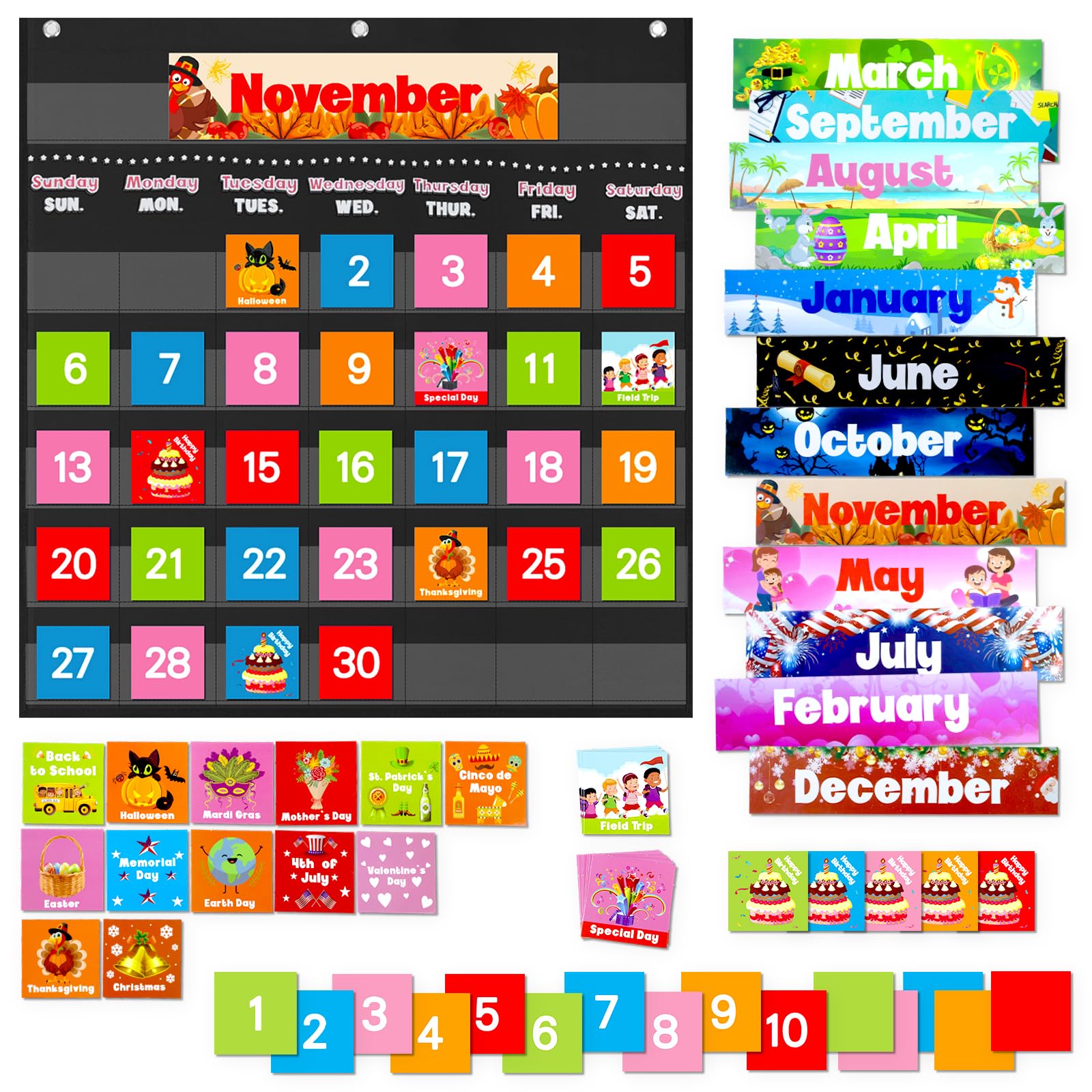 Photo 1 of VNOM Black Calendar Pocket Chart for Classroom,School Pocket Calendar for Kids Learning for Home,Pre-k Homeschool Daycare Classroom Supplies for Teachers