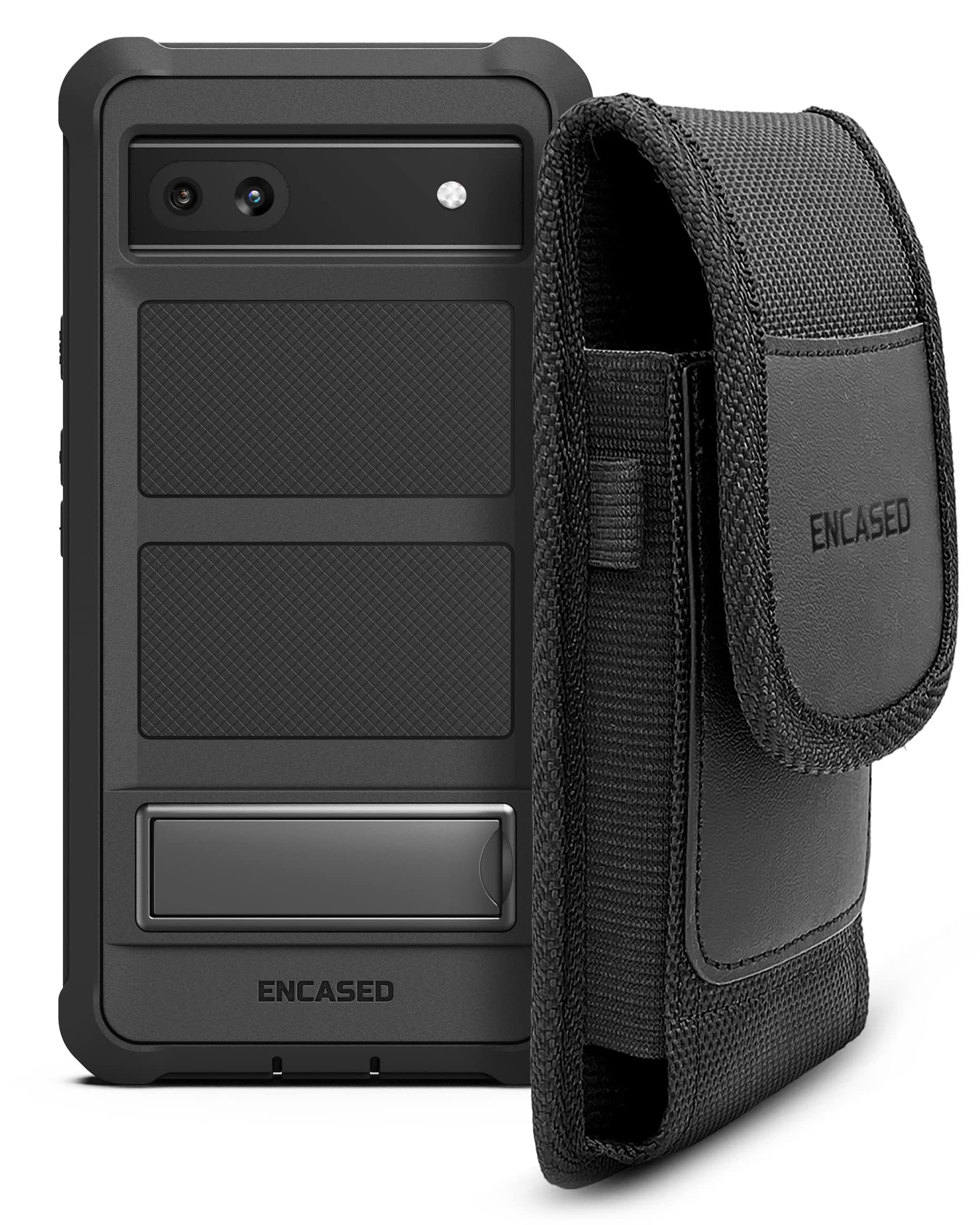 Encased Belt Pouch Holster with Case for Pixel 6a, ShockProof Full Body Kickstand Cover with Built-In Screen Protector Phone Holder (Google 6a) Black