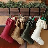 Kinlop 4 Pack 18 Inch Neutral Christmas Velvet Stocking Ruffled Design Large Christmas Stockings with Hanging Loops for Fireplace Xmas Tree Ornament Vintage Holiday Season Party Decorations