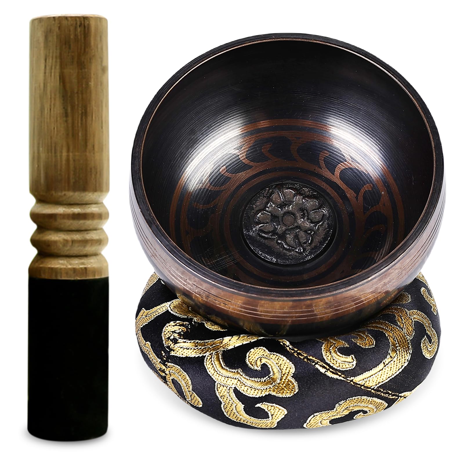 PRITOK Tibetan Singing Bowl Set for Meditation and Yoga: Handcrafted Sound Bowl with Leather Clapper & Cushion, Chakra Healing Stress Relief Spiritual Gifts, Black Cushion (8 cm)