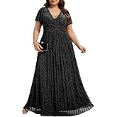 Ever-Pretty Women's Plus Size Glitter A-Line Formal Dresses V-Neck Short Sleeve Evening Gown Long Mother of Bride Dress