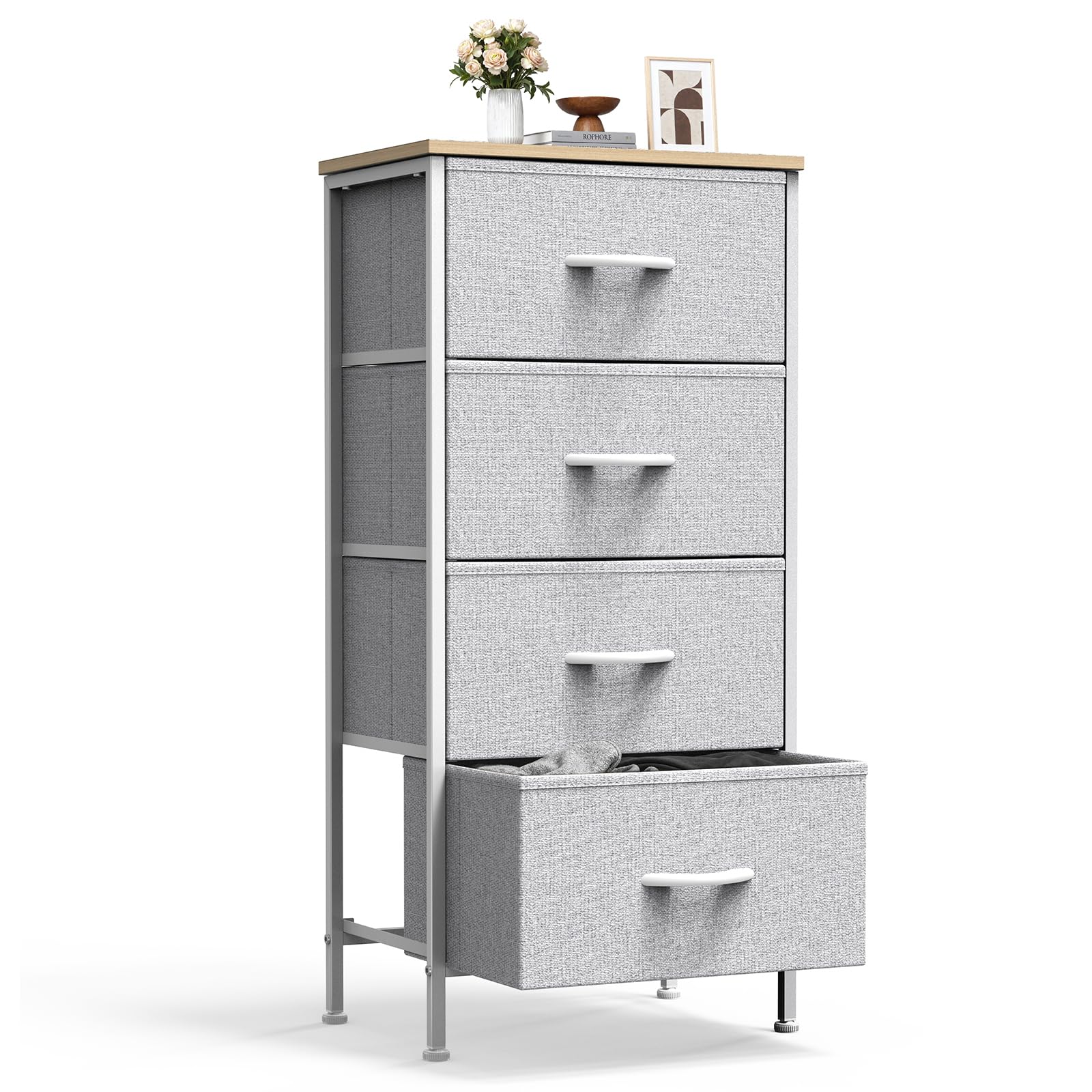 Sweetcrispy Nightstand Small Bedroom Dresser with 4 Fabric Drawers,Bed Side Furniture End Table,Wooden Top Cabinet Night Stand Dresser for Closet,Entryway,Dorm,Light Gray Image