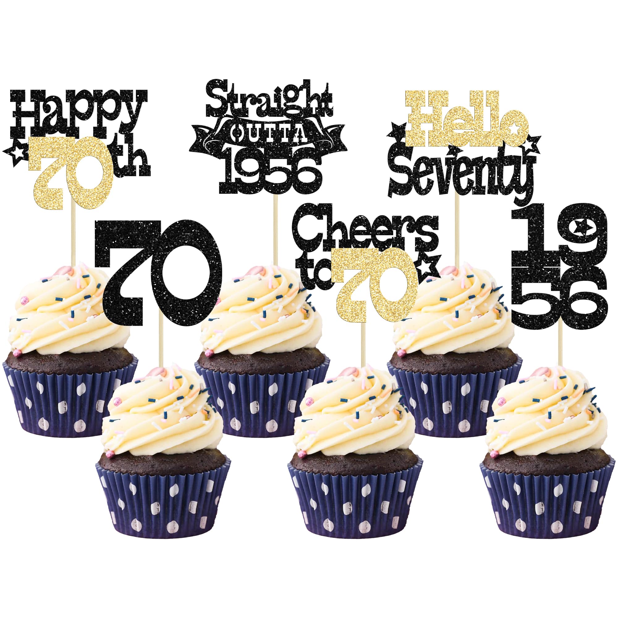 Ephlyn 30Pcs Straight Outta 1956 Cupcake Toppers Glitter Seventy Happy 70th Birthday Cupcake Picks Cheers to 70 Years Cake Decorations for Happy 70th Birthday Anniversary Party Supplies Black Gold — image 1