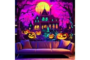BSFHH Halloween Black Light Tapestry – UV Reactive Glow in the Dark Wall Hanging, Spooky Night Scene with Ghosts & Pumpkins, Haunting Home Decor for Parties, Bedroom, or Dorm (Haunted Houses, 79L" x 59W", Unframed)