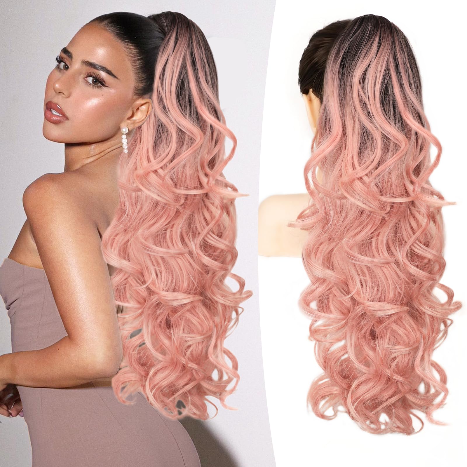 Photo 1 of ALXNAN Ponytail Extension,24 Inch Claw Clip in Long Curly Wavy Omber Black to Pink Ponytail Hair Extension Jaw Clip on Pony Tails Hairpiece for Women