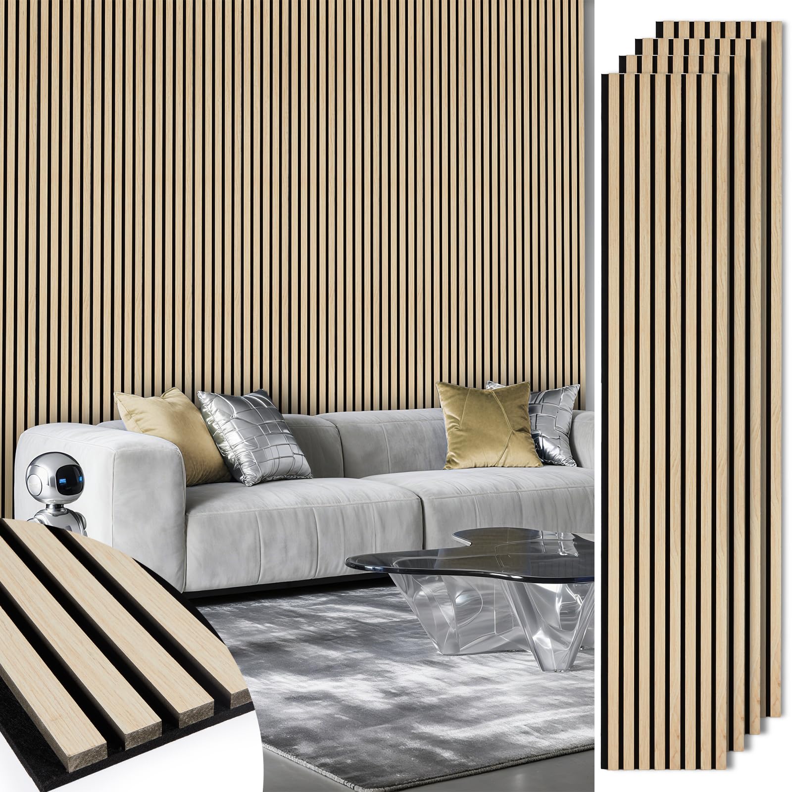 Photo 1 of LARWORKS Acoustic Wood Slat Panels 4 Pack 106" x 12.6", Soundproof Wooden Wall Panels, 3D Fluted Panel for Interior Wall Decor, Living Room, Bedroom - Oak (Cover Approx. 37 sq.ft)