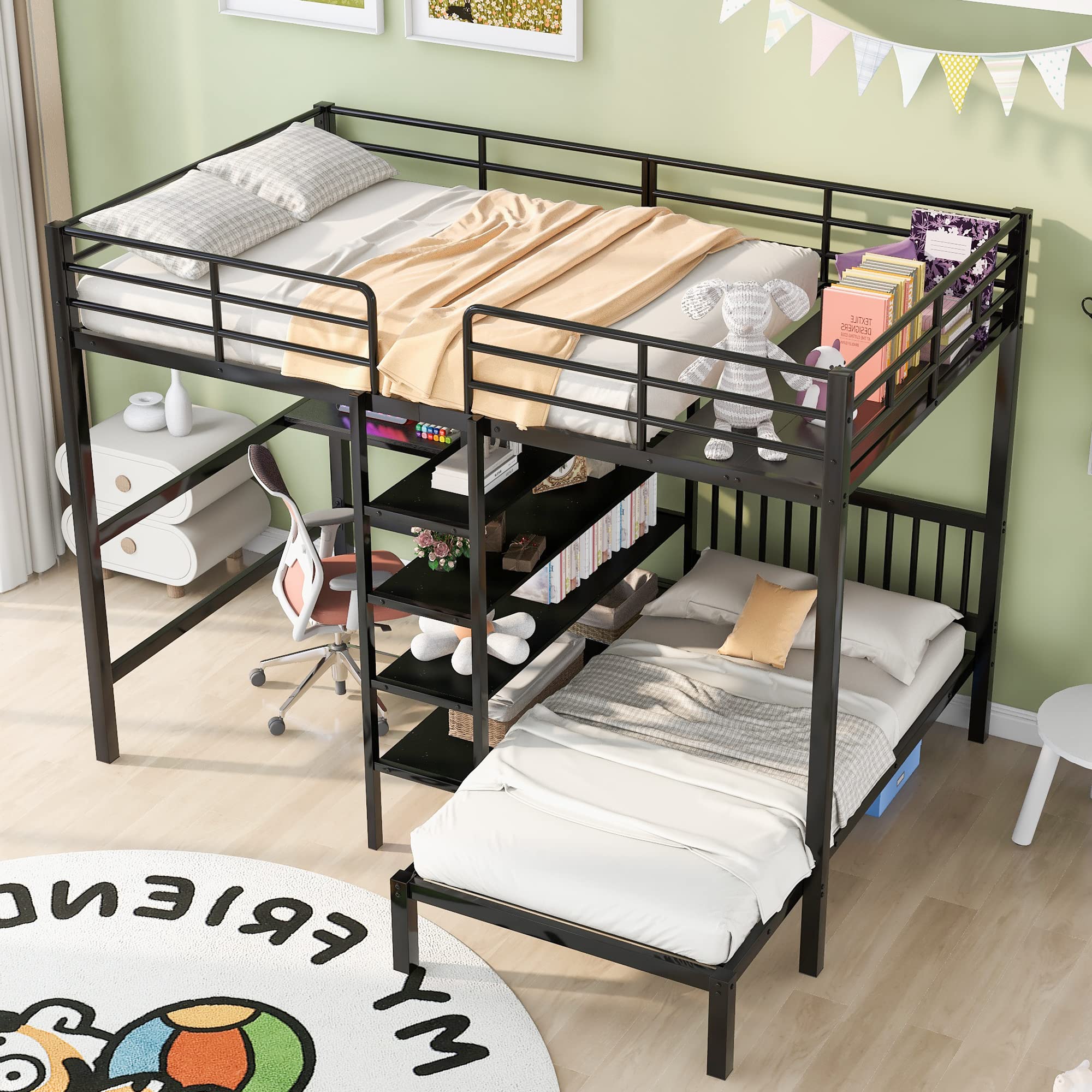 Photo 1 of ******MISSING BOX 1 OF 2 - PARTS ONLY****CNPOP Full Over Twin Metal Bunk Bed with Desk and Storage Shelves, Sturdy Loft Bed Frame with Ladder, No Box Spring Needed, Space-Saving Workstation, Black