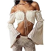 SHENHE Women's Renaissance Western Boho Off Shoulder Bell Sleeve Lace Up Fairy Crop Top Blouse