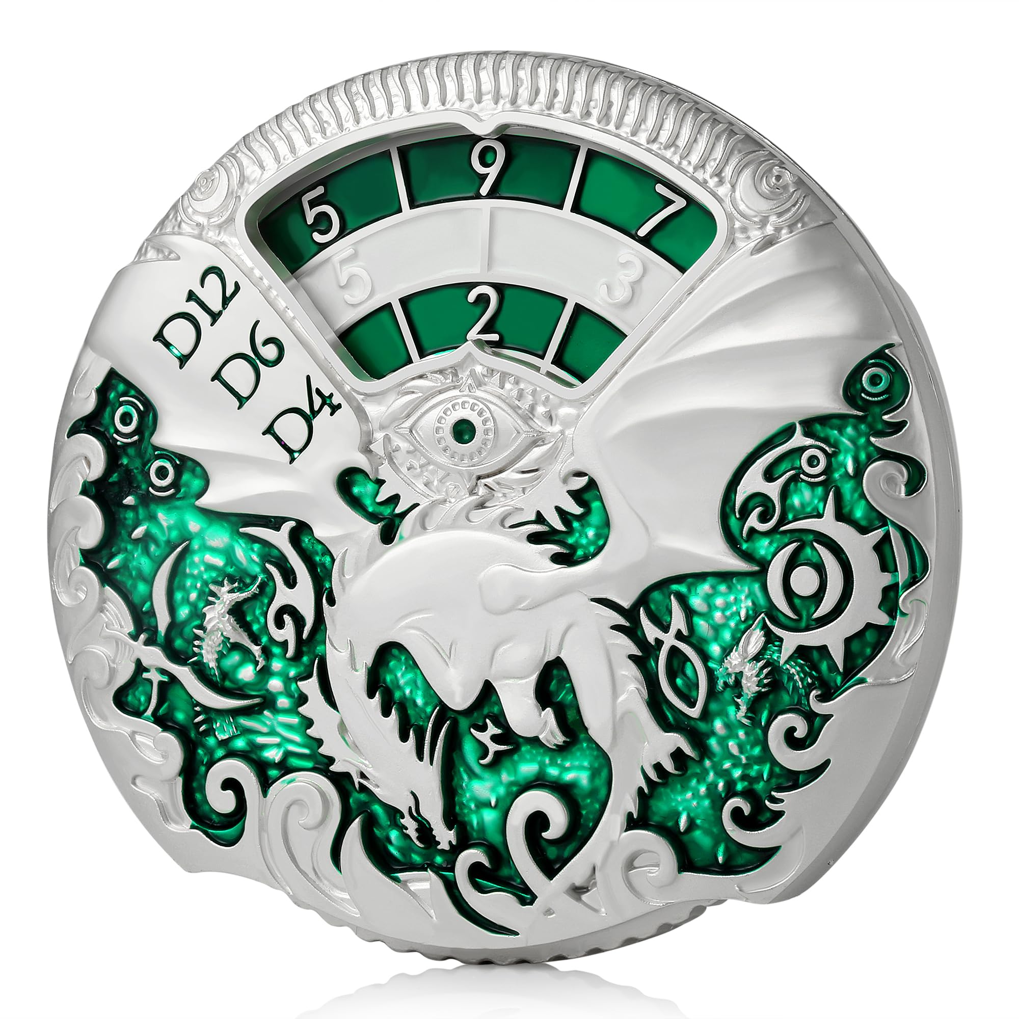 DNDND Dragon Roulette Spinner Metal Dice 7-in-1 Fidget Spinner DND Dice Set with Grogeous Gift Box for Dungeons and Dragon and Tabletop Game (Silver with Green)