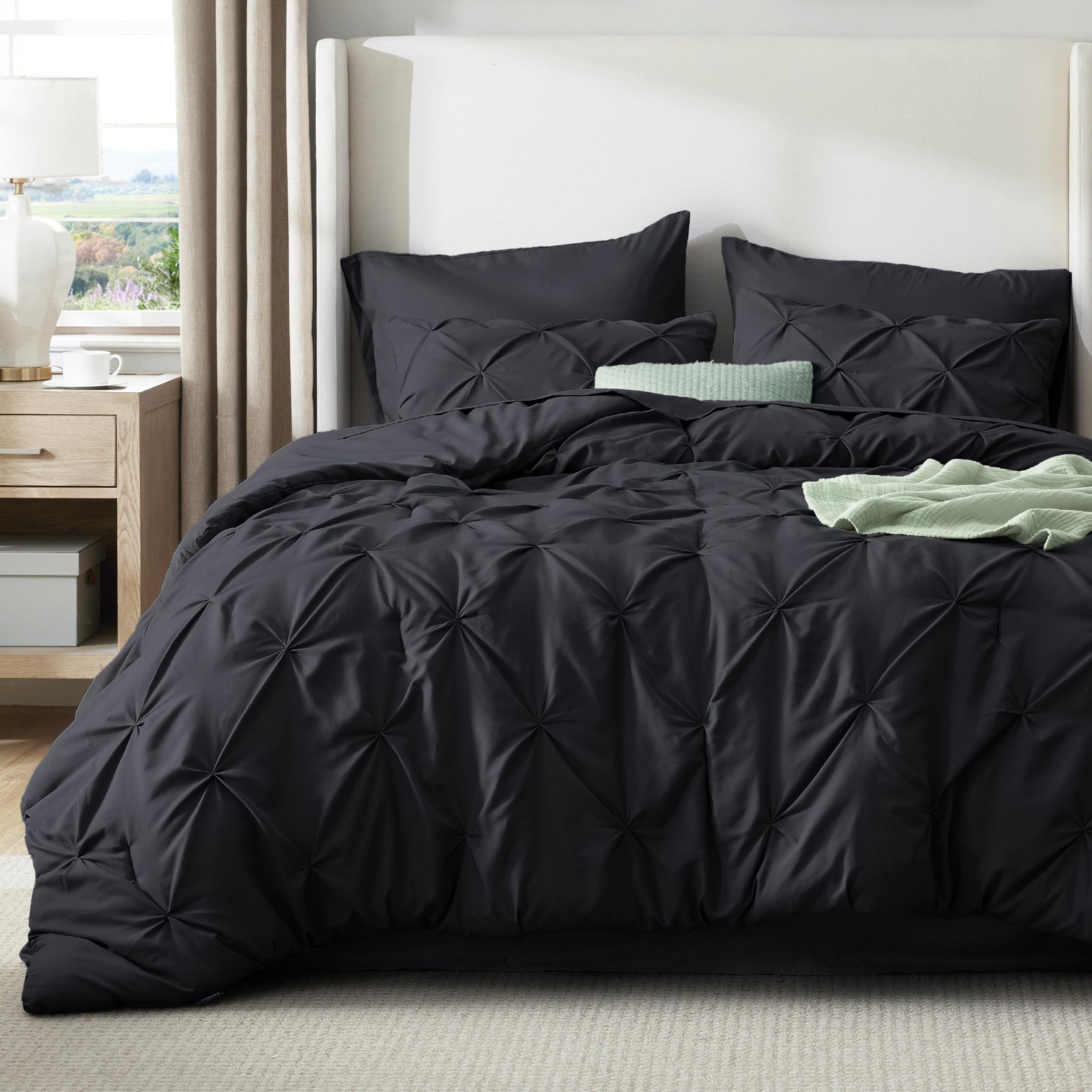 Bedsure Oversized King Comforter Set Black - Bed in a Bag Oversized King Size 7 Pieces, GentleSoft™ Pintuck Bed Set Gift for Family, Pinch Pleat Black Comforter with Sheets, Pillowcases & Shams Image Bedsure Oversized King Comforter Set Black - Bed in a Bag Oversized King Size 7 Pieces, GentleSoft™ Pintuck Bed Set Gift for Family, Pinch Pleat Black Comforter with Sheets, Pillowcases & Shams Image