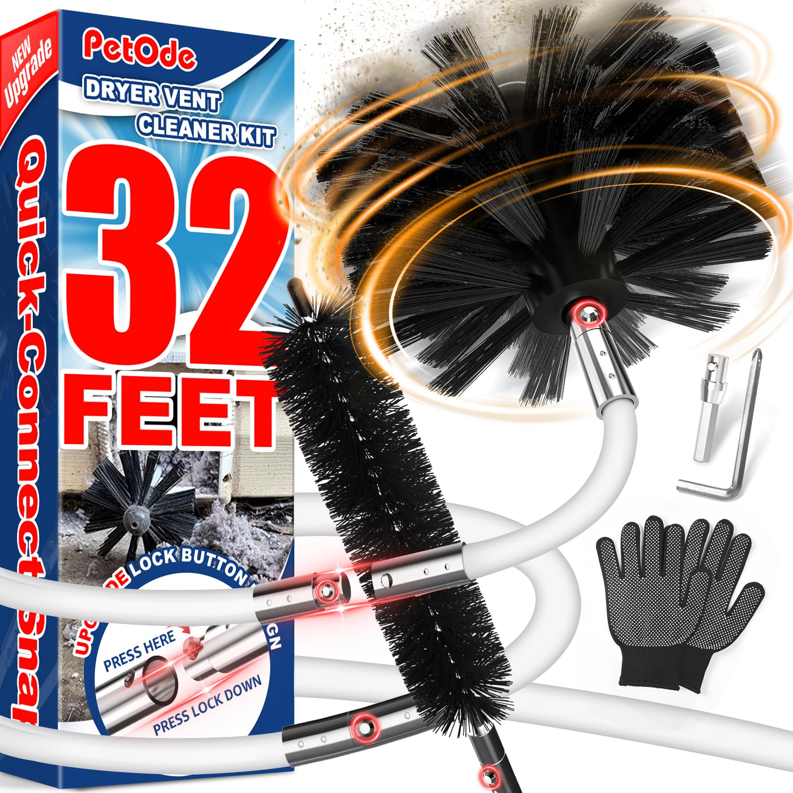 Photo 1 of PetOde 32 Feet Dryer Vent Cleaner Kit, Enhanced Flexible Quick Snap Brush with Drill Attachment for Effective Cleaning, 360 Degree Rotation Without Loosening, Use with or Without a Power Drill