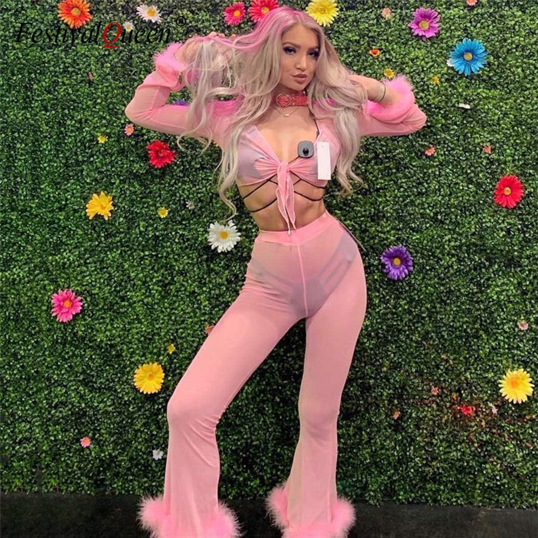 xperry Women Rave Tie Front Sheer Feather Trim Mesh Faux Fur Crop Top Blouse Music Festivals Long Sleeve T Shirt: Clothing