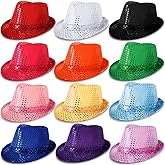 Janmercy 12 Pieces Western Sequin Hat Glitter Solid Color Dance Hat Retro Disco Unisex Costume Cap for Party Props Supplies