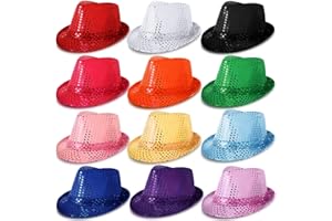 Janmercy 12 Pieces Western Sequin Hat Glitter Solid Color Dance Hat Retro Disco Unisex Costume Cap for Party Props Supplies