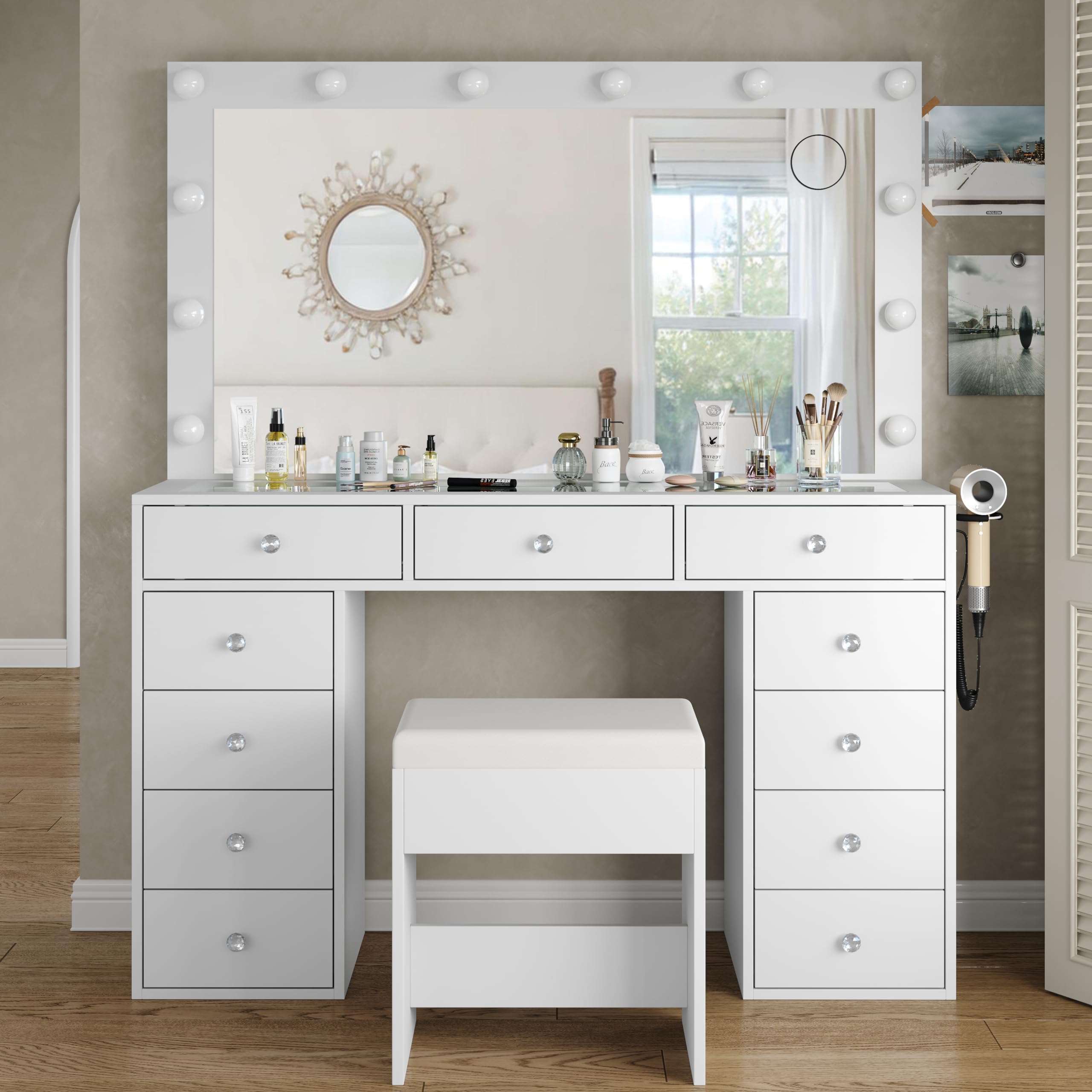 View 1 of ***MISSING PARTS***Yanosaku Vanity Desk & Power Outl, Makeup Vanity with Mirror and 12 LED Lights, Makeup Table with 11 Drawers, Vanity Table with Chair,Set 3 Lighting Modes Brightness Adjustable-(White)***MISSING PARTS***