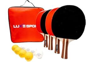 LUXE SPORT Ping Pong Paddle Set of 4 - Full Table Tennis Bundle inc. 4 Ping Pong Paddles, 8 Three Star Balls, Portable Storage Travel Bag/Case - Racket Set for 2 or 4 Players - Rec Indoor / Outdoor Games