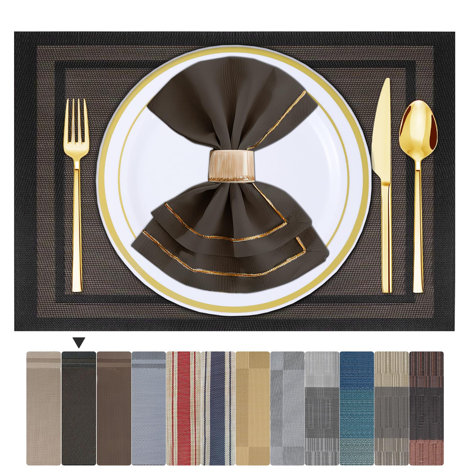ARTAND Black Gold Table Mats Set of 4 Woven Vinyl Place Mats for Dinner Table - Washable & Durable Indoor/Outdoor Use - 4 Pcs