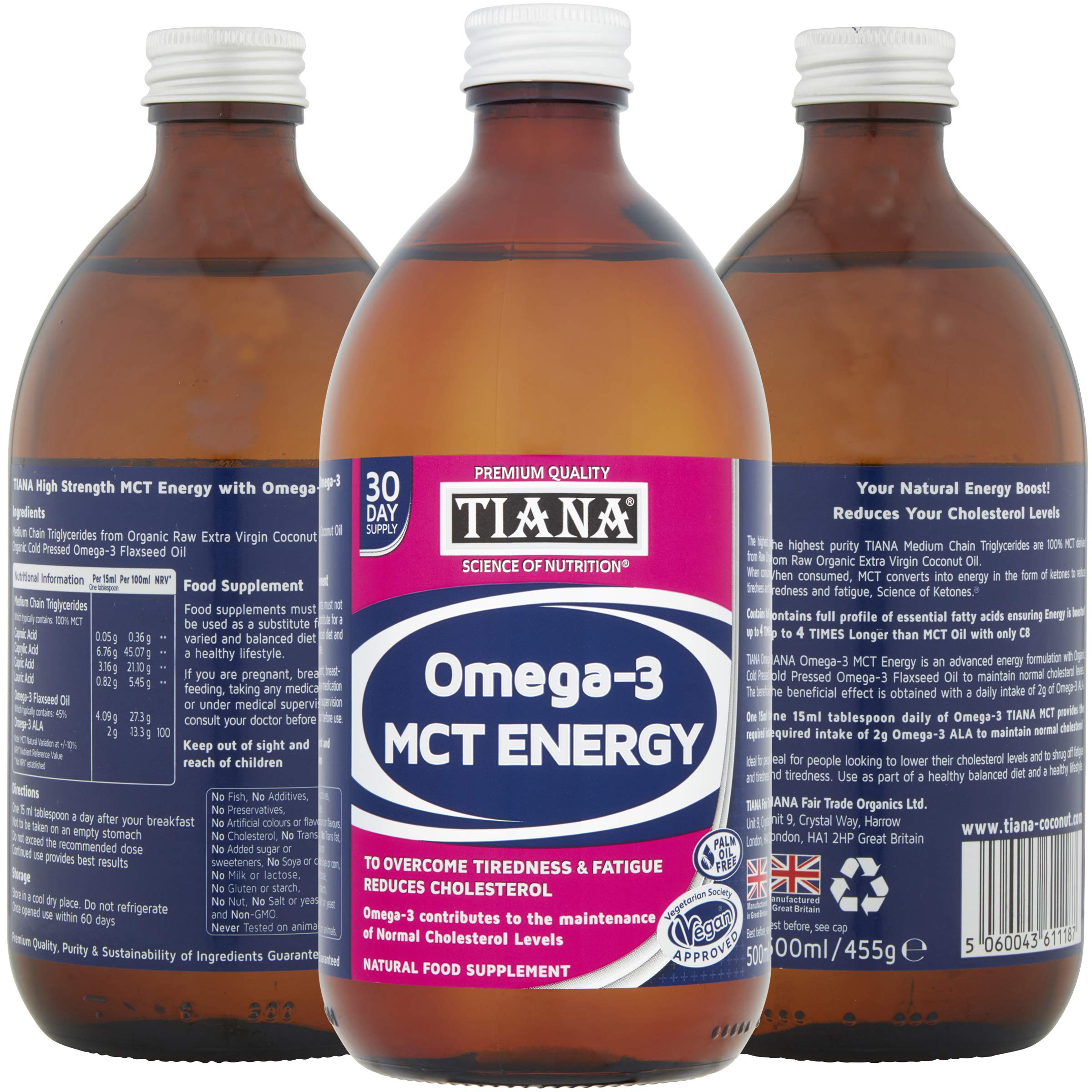 Omega-3 MCT Oil 500ml – Organic Coconut MCT with Flaxseed Omega-3 ALA – Supports Energy & Cholesterol Balance – Vegan, Keto & Fairtrade – TIANA