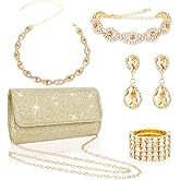 ACO-UINT 5 Pieces Clutch Purse Rhinestone Jewelry Sets for Women Prom Necklace Earrings Bracelet Ring Bling Glitter Purse Formal Jewelry for Women Evening Wear