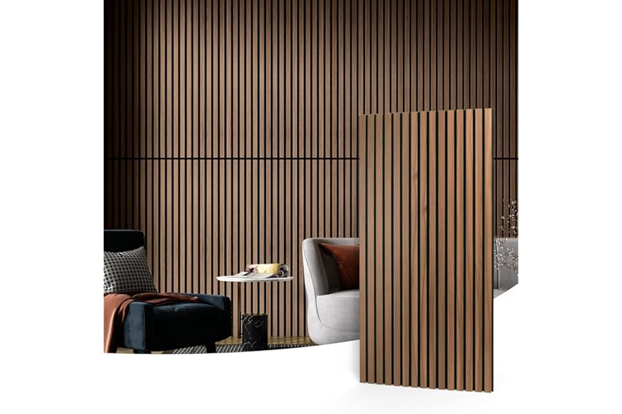 Art3d 2 Wood Slat Acoustic Panels for Wall and Ceiling - 3D Fluted Sound Absorbing Panel with Wood Finish - Walnut