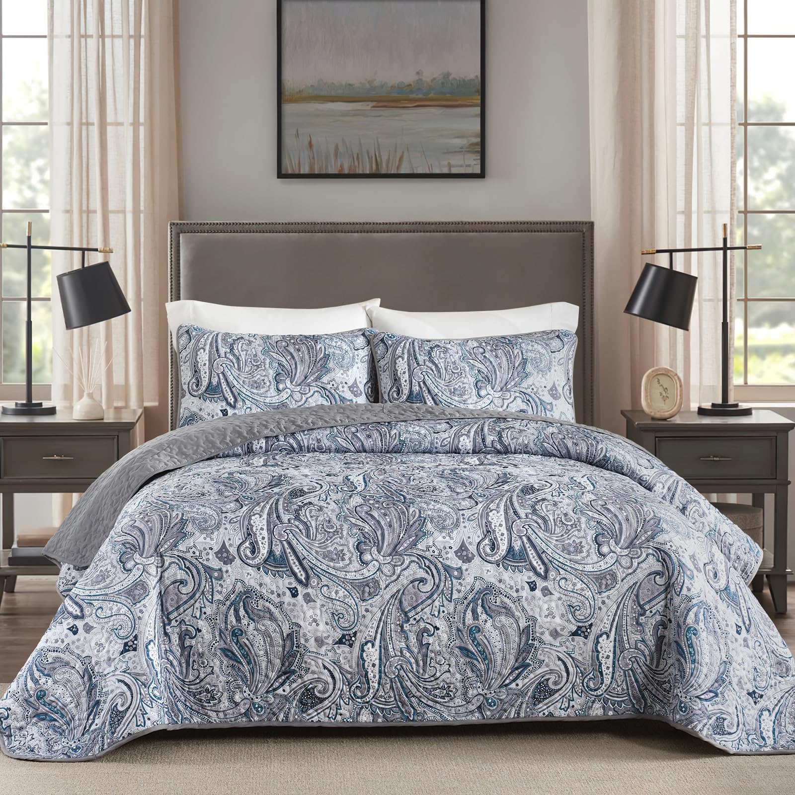 DJY Grey Quilt Set King Size Boho Bedspread Coverlet Set 3 Pieces, Soft Lightweight Microfiber Morandi Gray Paisley Floral Pattern Bedding Set for All Season, 104"x90 Image