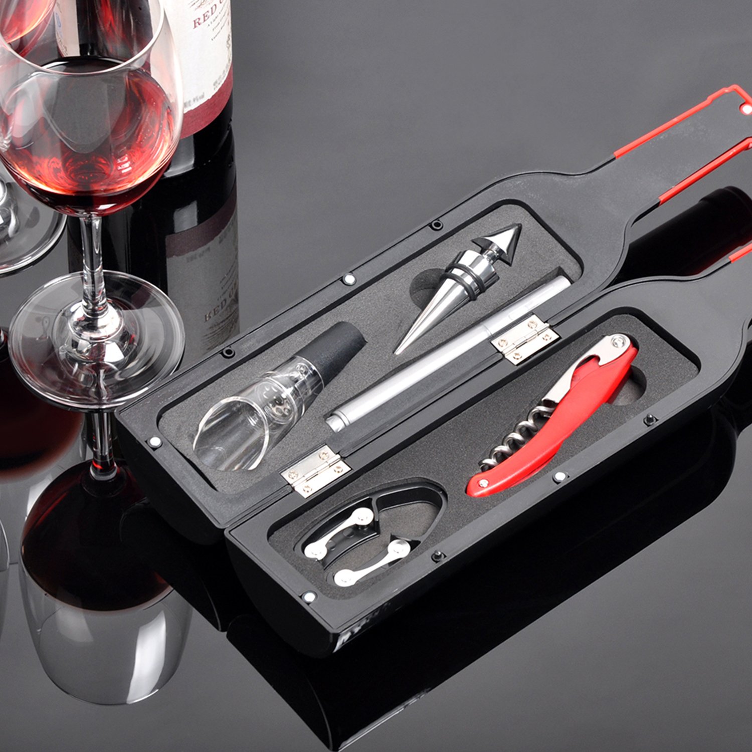Wine Accessory Gift Set - Deluxe Wine Bottle Corkscrew Opener, Stopper, Aerator Pourer, Foil Cutter, Glass Paint Marker w/Reusable Drink Stickers in Gift Box, Wine Gifts for Wine Lover