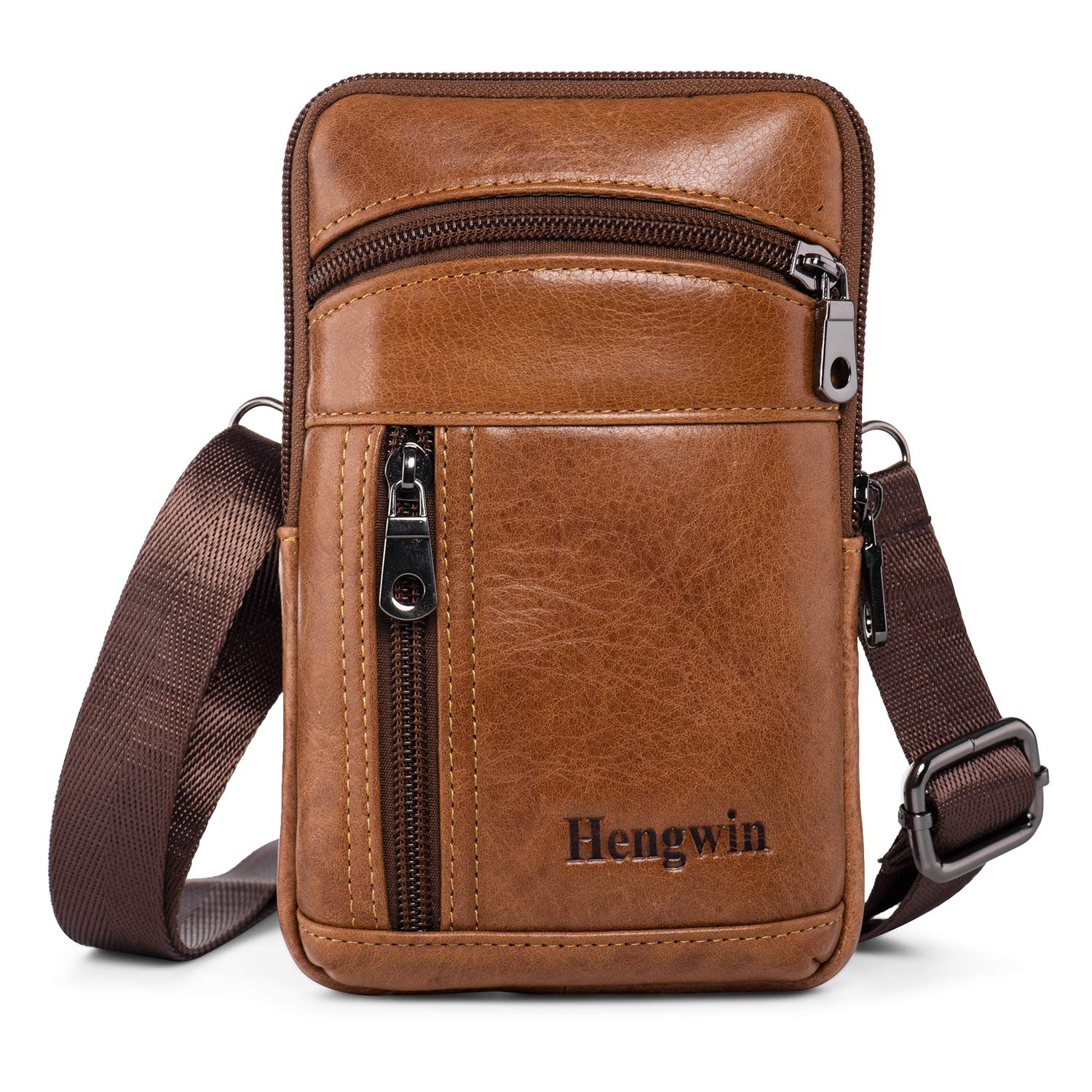 Hengwin Mini Men's Shoulder Bags, Small Leather Wallet Vertical Phone Holster for iPhone 16 15 14 13 Pro Max, 16 15 14 Plus 12 11 XR SE Samsung S25 S24 S23 Ultra Travel Phone Holder (Brown)