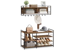 VASAGLE Hall Tree with Shoe Bench, Coat Rack Shoe Bench Set, Entryway Furniture, Multifunctional, 12 Metal Hooks, 4-Tier Shoe Rack, for Entryway, Bedroom, Rustic Brown ULSB108K01