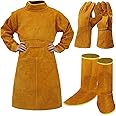 Breathffy 3 Pcs 47 Leather Welding Apron with Sleeve Welding Gloves Heavy Duty Durable Forge Welding Welding Boot Covers Heat Resistant Flame Retardant Welding Jacket for Men Women Blacksmith