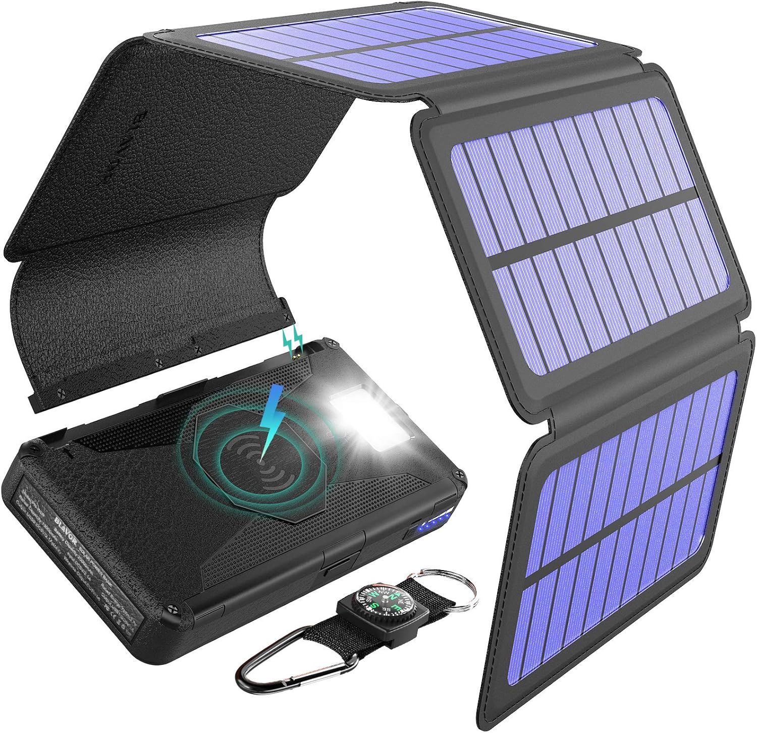 BLAVOR Solar Charger Five Panels Detachable, Qi Wireless Charger 20000mAh Portable Power Bank with Dual Output Type C Input Flashlight and Compass Kit (Black, 20000mah)