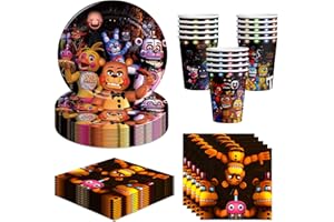 VDESFUEBY 60 pcs Five Nights Birthday Party Supplies Disposable Tableware Include Plates,Cupsand Napkins for Kids Birthday Decorations (Serves 20)
