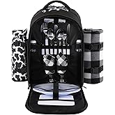 apollo walker Picnic Backpack Bag for 2 Person with Cooler Compartment, Detachable Bottle/Wine Holder, Fleece Blanket, Plates and Cutlery Set (2 Person, Black)