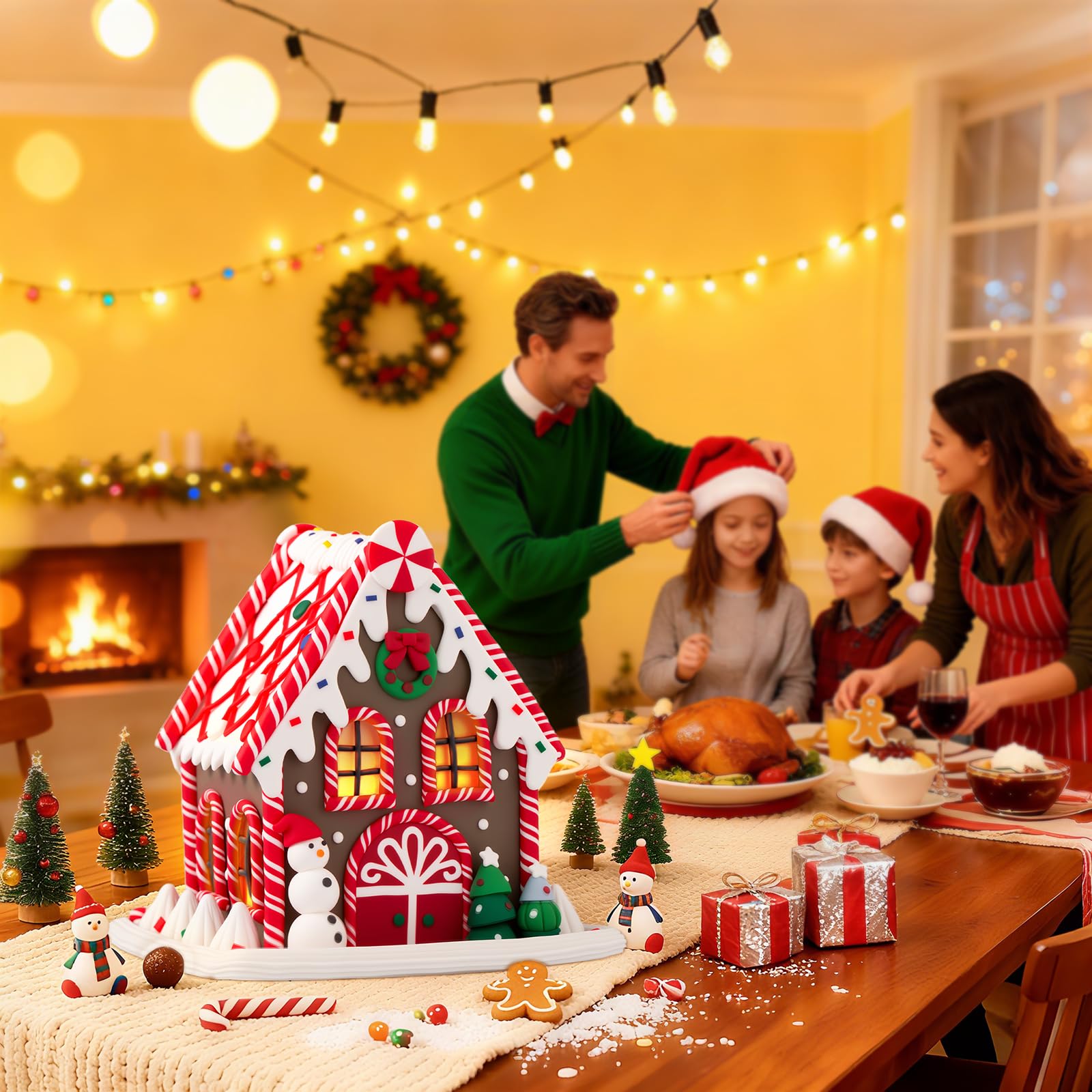 Photo 1 of BeeChip Gingerbread House Decorations, 6.3" Snow Cottage, Handcrafted Cartoon-Style Classic Christmas Village Figurine for Home Xmas Decor, Tabletop & Showcase, Gift for Kids, Green (White)