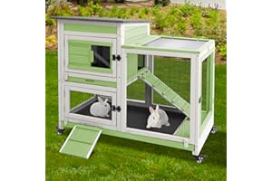 Gowoodhut 40"L Rabbit Hutch Indoor Wooden Large Bunny Hutch Outdoor 2 Story Rabbit Cage on 4 Metal Wheels with Run and 2 Deeper Pull Out Trays UV Panel Guinea Pig Pet House for Small to Medium Animals