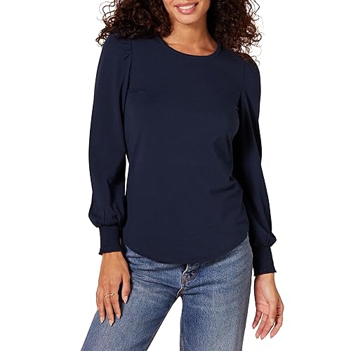 Amazon Essentials Women's Long-Sleeve Crewneck Smocked Cuff T-Shirt, Navy, XX-Large
