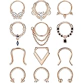 YADOCA 12Pcs 16G Surgical Steel Dangle Septum Piercing Jewelry for Women: Septum Clicker Nose Rings Hoop CZ Horseshoe Cartilage Helix Tragus Daith Piercing Jewelry 10MM