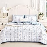Wake In Cloud - Shabby Chic Quilt Set, Floral Botanical Stripe with Vintage Cottagecore Coquette Print, Reversible Lightweight Bedspread Coverlet, 3 Pieces, Blue White, Queen/Full Size