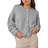HOWALOOK Women's Round Neck Button Down Long Sleeve Blouse Cardigan Loose Fit Knit Top Crewneck Sweater