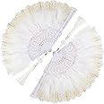2 Pieces Feather Hand Fan Embroidered Flower Marabou 1920s Feather Fan Hand Folding Drag Queen for 20s Women Costume Party Dancing Photoshoot Wedding Decor(White with Gold)
