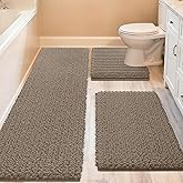 ACCUMTEK Upgrade Extra Large Dark Beige Bathroom Rug Set 3 Pieces Gray Ultra Soft, Thick Absorbent Bath Mats, Non Slip Chenille Toilet Mat Bathroom, Bedroom, Kitchen, Taupe