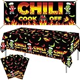 Chili Cook Off Decorations, 71" x 24" Chili Cook Off Banner, 3 Pcs Chili Pepper Plastic Tablecloth Table Cover 53" x 108", Mexican Fiesta Chili Cooking Party Supplies