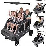 Germinate 4 Seater Wagon Stroller, Triple Stroller for 2 3 Kids Toddler | Child Baby Large Quad Double Seat Travel Preschool All Terrain Adjustable Handle Removable Canopy Push Pull