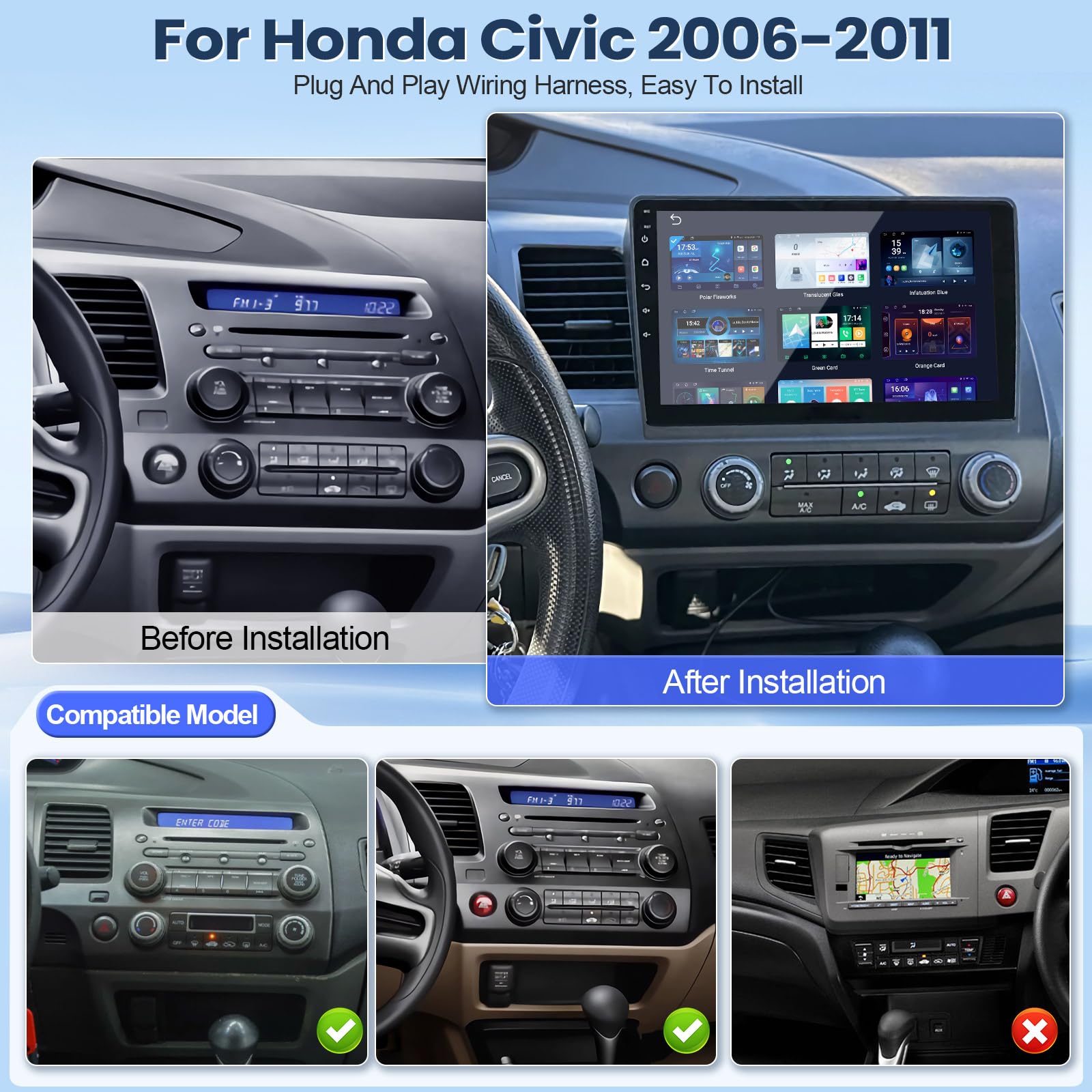 Leadfan Car Stereo Radio Support Wireless CarPlay & Android Auto for Honda Civic 2006 2007 2008 2009 2010 2011, 10.1 Inch IPS Touch Screen Bluetooth Car Stereo with GPS Navigation WiFi Rear Camera